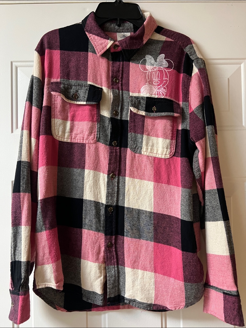 Disney Parks Pink Plaid Flannel Shirt with Minnie Mouse Ice Cream Euro Disney